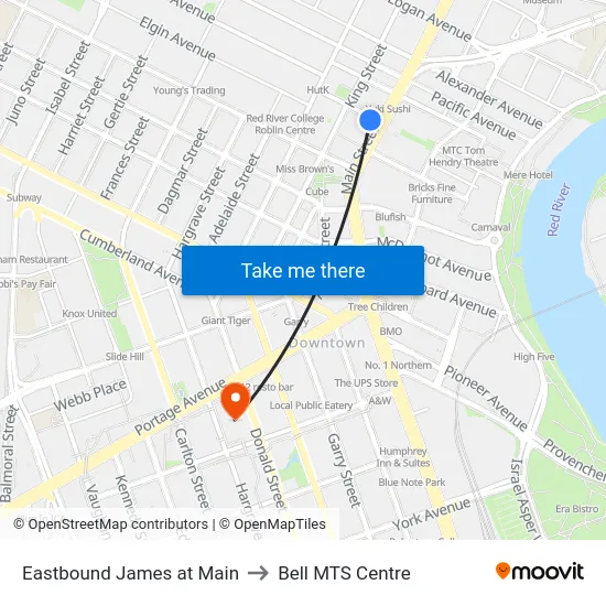 Eastbound James at Main to Bell MTS Centre map
