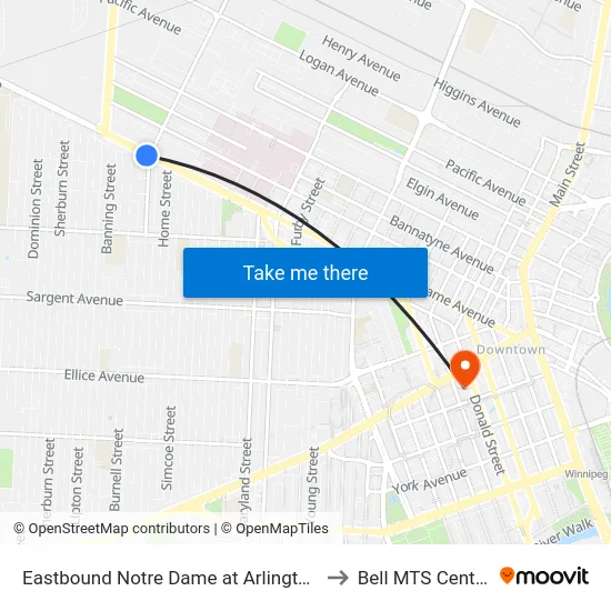 Eastbound Notre Dame at Arlington to Bell MTS Centre map