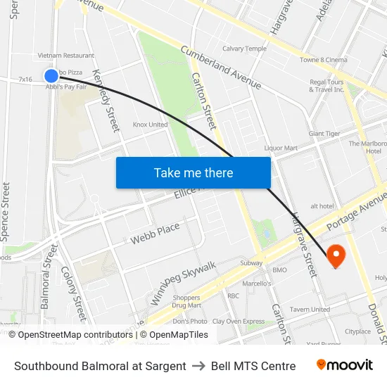 Southbound Balmoral at Sargent to Bell MTS Centre map