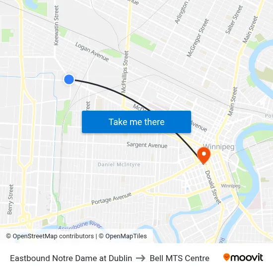 Eastbound Notre Dame at Dublin to Bell MTS Centre map