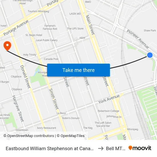 Eastbound William Stephenson at Canadian Museum For Human Rights to Bell MTS Centre map