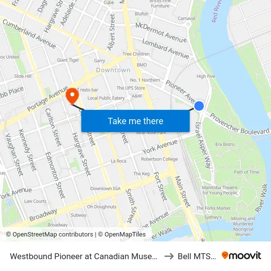 Westbound Pioneer at Canadian Museum For Human Rights to Bell MTS Centre map