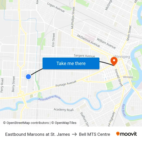 Eastbound Maroons at St. James to Bell MTS Centre map