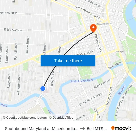 Southbound Maryland at Misericordia Health Centre to Bell MTS Centre map