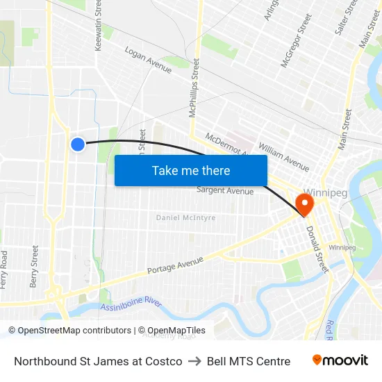 Northbound St James at Costco to Bell MTS Centre map