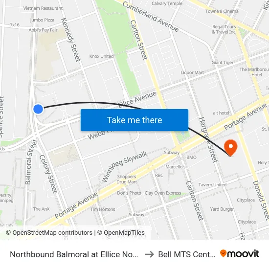 Northbound Balmoral at Ellice North to Bell MTS Centre map