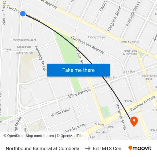 Northbound Balmoral at Cumberland to Bell MTS Centre map