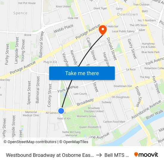 Westbound Broadway at Osborne East (Legislature) to Bell MTS Centre map