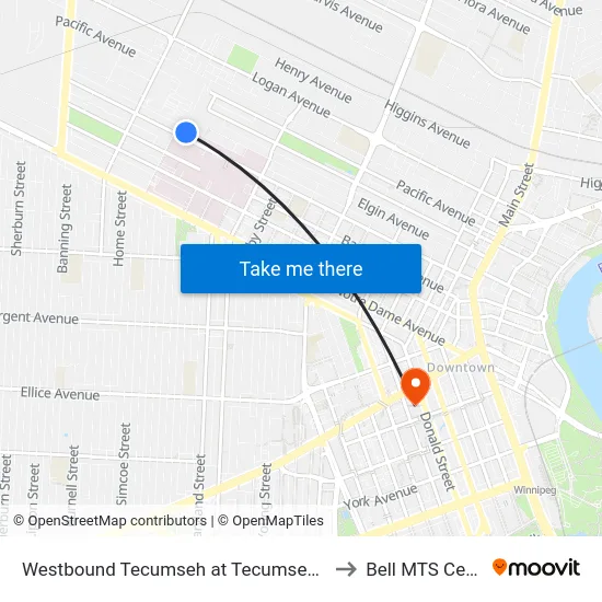 Westbound Tecumseh at Tecumseh Loop to Bell MTS Centre map