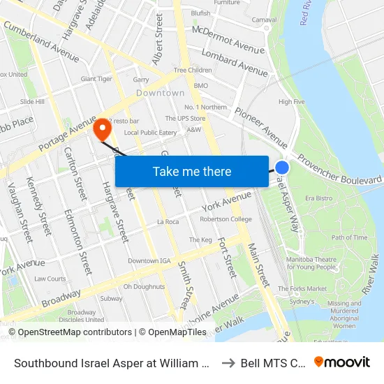 Southbound Israel Asper at William Stephenson to Bell MTS Centre map