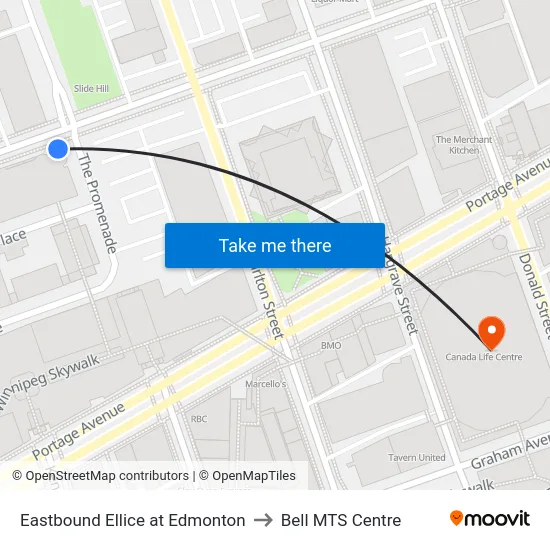 Eastbound Ellice at Edmonton to Bell MTS Centre map