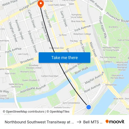 Northbound Southwest Transitway at Harkness Station to Bell MTS Centre map