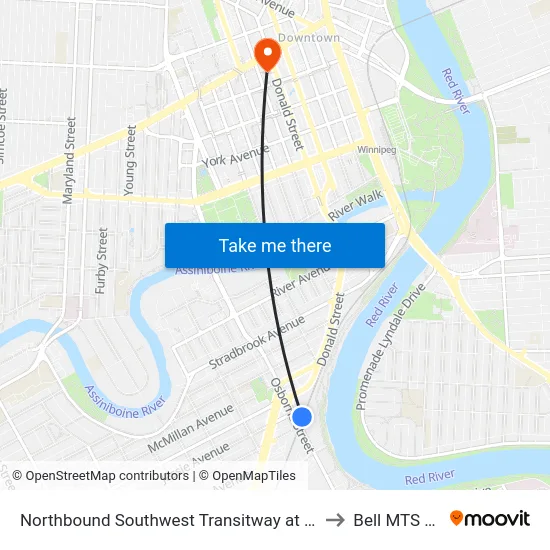 Northbound Southwest Transitway at Osborne Station to Bell MTS Centre map