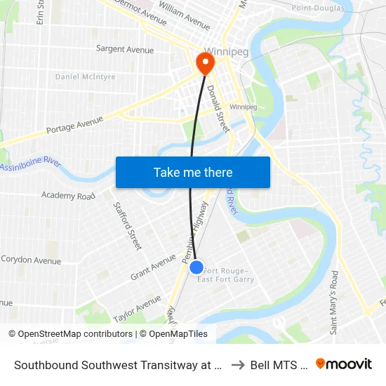 Southbound Southwest Transitway at Fort Rouge Station to Bell MTS Centre map