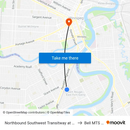 Northbound Southwest Transitway at Fort Rouge Station to Bell MTS Centre map