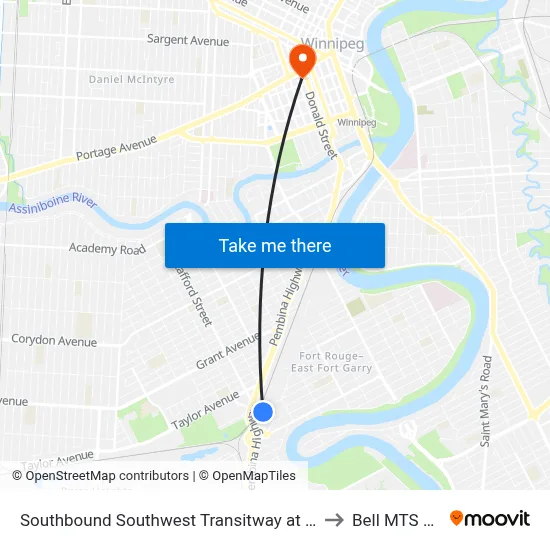 Southbound Southwest Transitway at Jubilee Station to Bell MTS Centre map