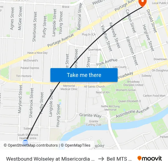 Westbound Wolseley at Misericordia Health Centre to Bell MTS Centre map