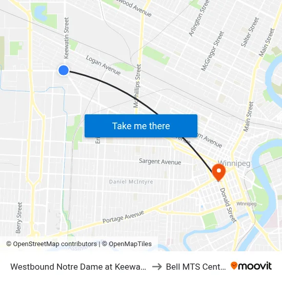 Westbound Notre Dame at Keewatin to Bell MTS Centre map