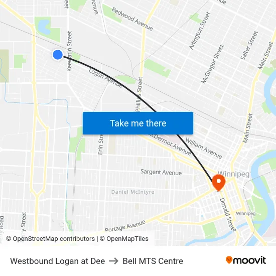 Westbound Logan at Dee to Bell MTS Centre map