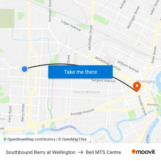 Southbound Berry at Wellington to Bell MTS Centre map