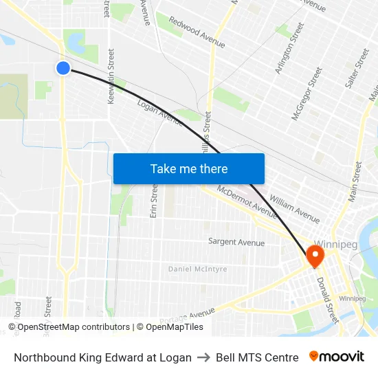 Northbound King Edward at Logan to Bell MTS Centre map