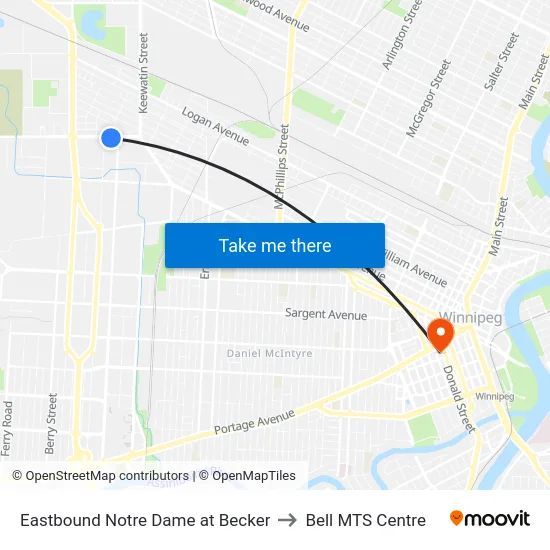 Eastbound Notre Dame at Becker to Bell MTS Centre map