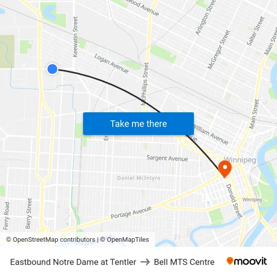 Eastbound Notre Dame at Tentler to Bell MTS Centre map
