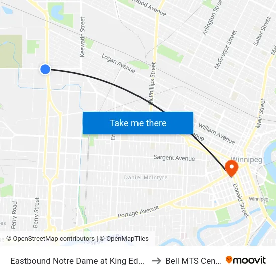 Eastbound Notre Dame at King Edward to Bell MTS Centre map