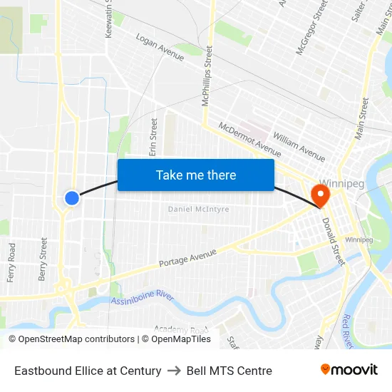 Eastbound Ellice at Century to Bell MTS Centre map