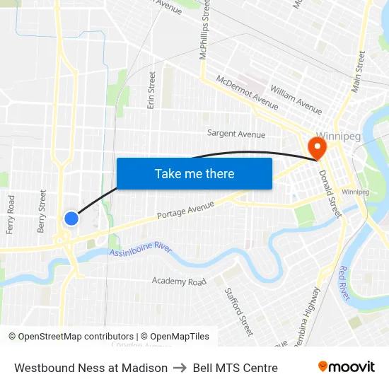 Westbound Ness at Madison to Bell MTS Centre map