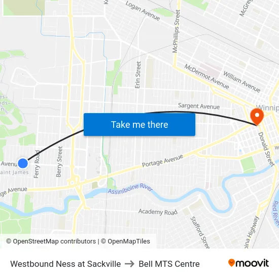 Westbound Ness at Sackville to Bell MTS Centre map
