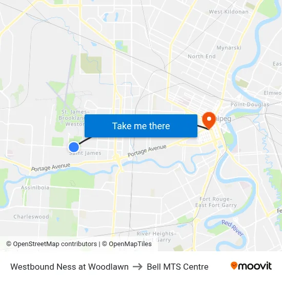 Westbound Ness at Woodlawn to Bell MTS Centre map
