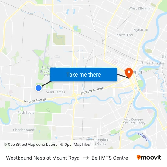 Westbound Ness at Mount Royal to Bell MTS Centre map