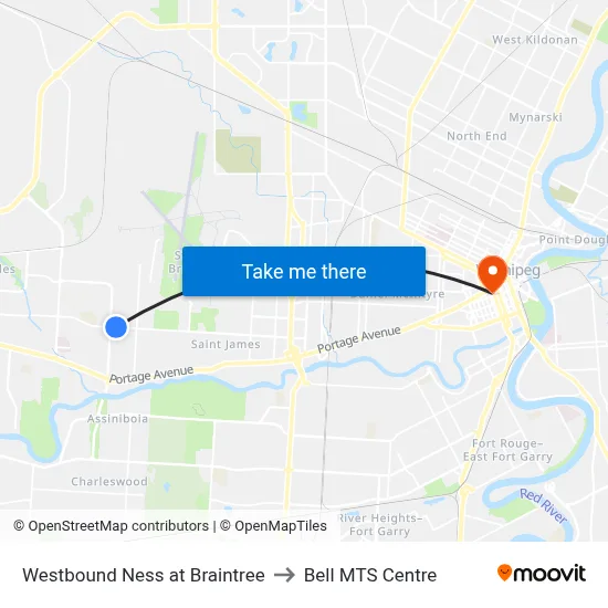 Westbound Ness at Braintree to Bell MTS Centre map