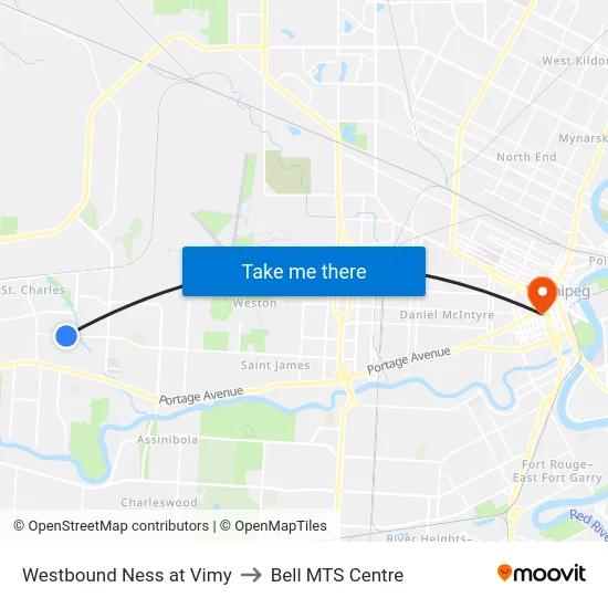 Westbound Ness at Vimy to Bell MTS Centre map