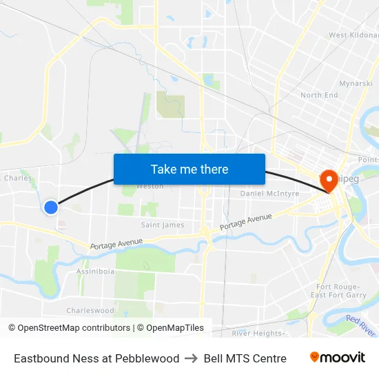 Eastbound Ness at Pebblewood to Bell MTS Centre map
