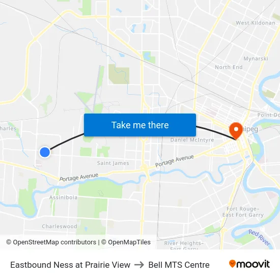 Eastbound Ness at Prairie View to Bell MTS Centre map