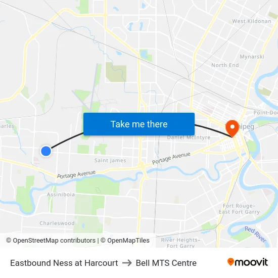 Eastbound Ness at Harcourt to Bell MTS Centre map
