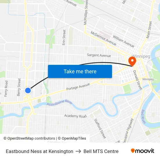 Eastbound Ness at Kensington to Bell MTS Centre map