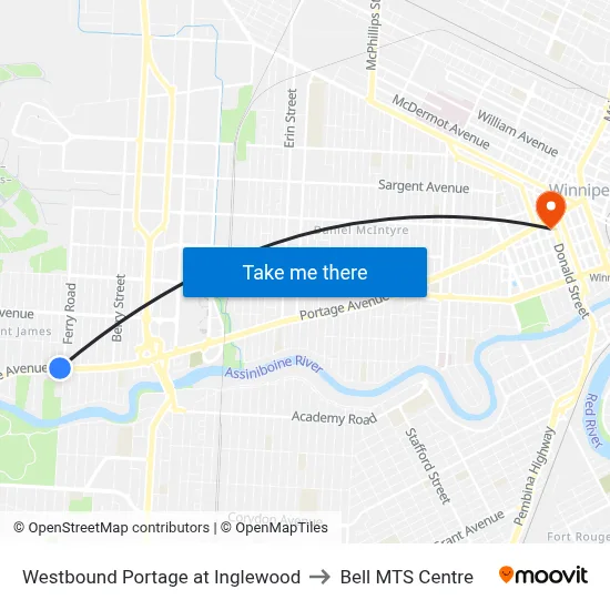 Westbound Portage at Inglewood to Bell MTS Centre map