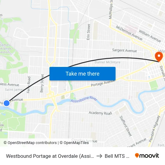 Westbound Portage at Overdale (Assiniboine Park) to Bell MTS Centre map