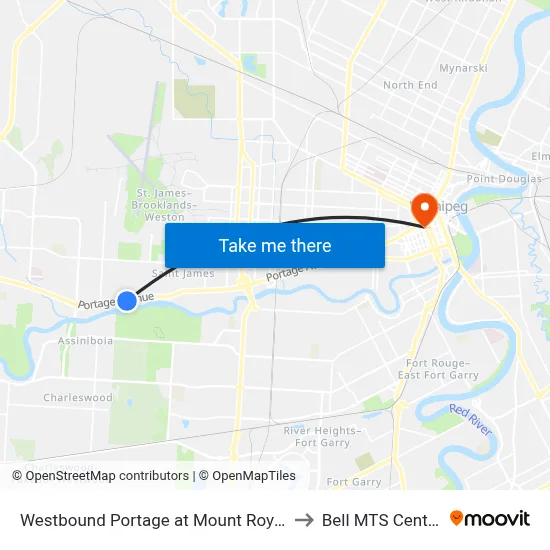 Westbound Portage at Mount Royal to Bell MTS Centre map