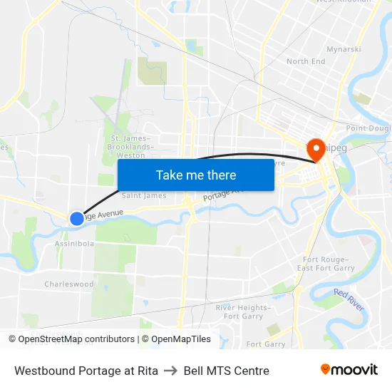 Westbound Portage at Rita to Bell MTS Centre map
