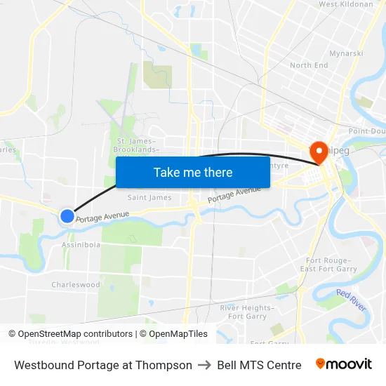 Westbound Portage at Thompson to Bell MTS Centre map