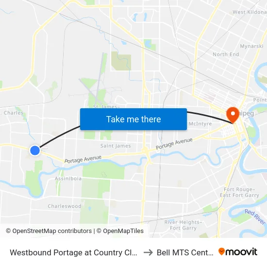 Westbound Portage at Country Club to Bell MTS Centre map
