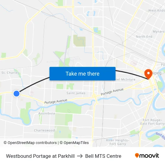 Westbound Portage at Parkhill to Bell MTS Centre map