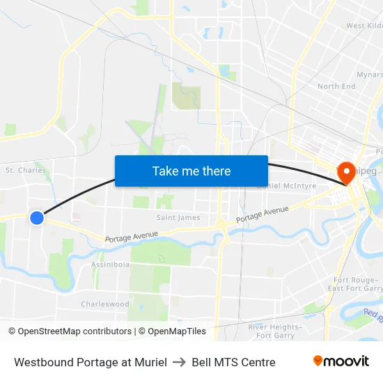 Westbound Portage at Muriel to Bell MTS Centre map