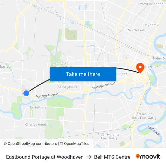 Eastbound Portage at Woodhaven to Bell MTS Centre map