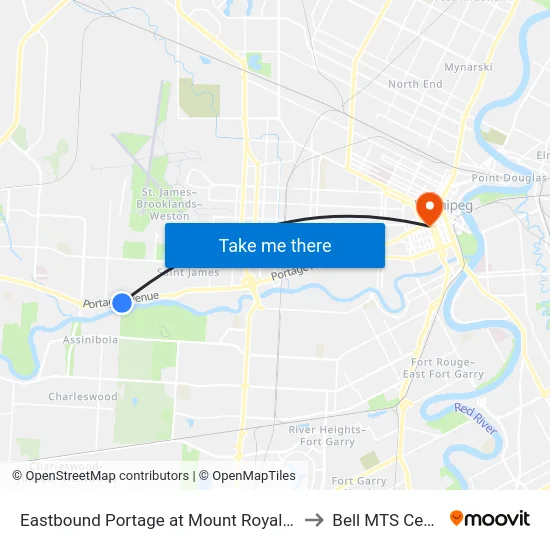 Eastbound Portage at Mount Royal West to Bell MTS Centre map