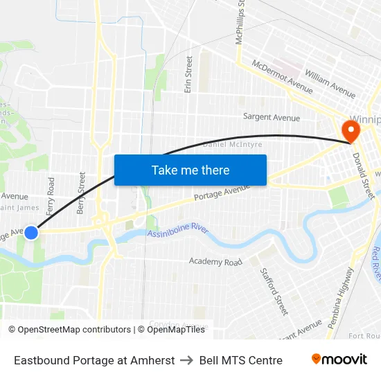 Eastbound Portage at Amherst to Bell MTS Centre map